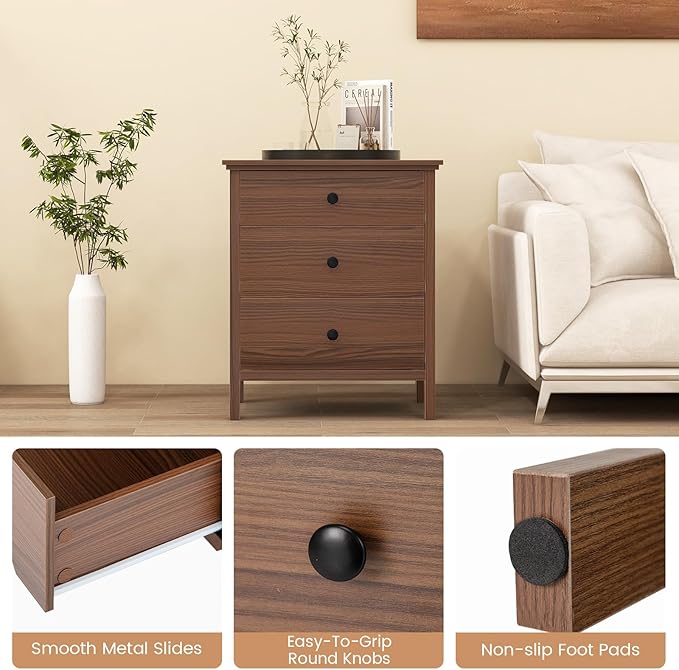 Giantex Nightstand with 3 Drawers, Wooden Side End Table with Solid Wood Legs, Retro 3-Drawer Bedside Table Night Stand for Bedroom Home Office Small Space, Easy Assembly, Brown