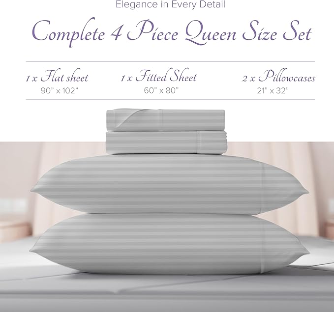 Carressa Linen Luxury Egyptian Cotton Queen Stripe Sheet Set, 600 Thread Count Extra Long Staple 4 PC Set, Queen Damask Sheets, Soft, Cooling Sateen Weave Sheets Upto 18" Deep Pocket - Silver
