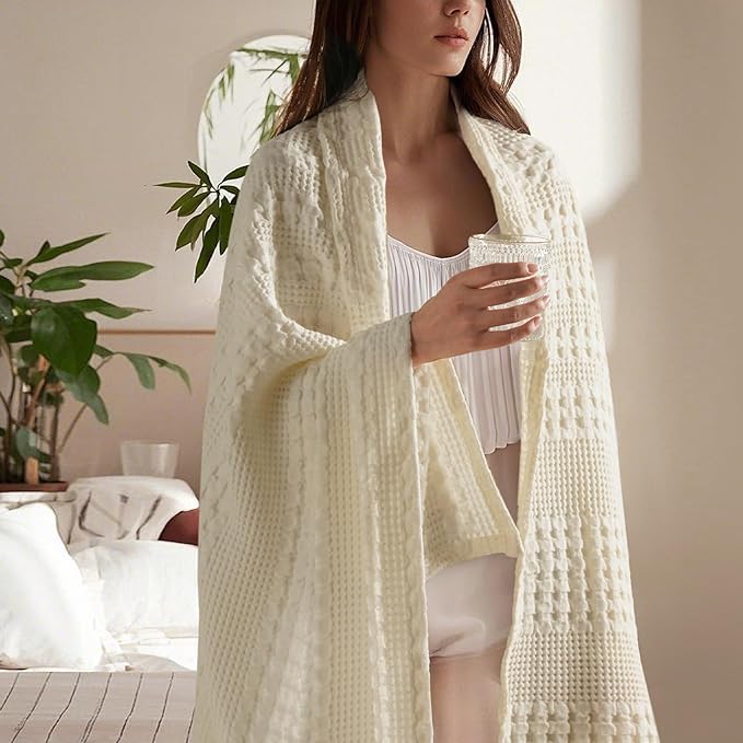 PHF 100% Cotton Waffle Weave Throw Blanket, Soft Lightweight Breathable Cozy Throws for Couch Bed Sofa, Luxury Aesthetic Woven Blanket for Home Decor & Office, 50"x60", Cannoli Cream