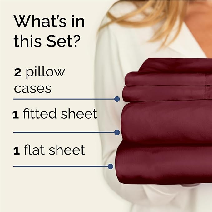 Twin XL 4 Piece Sheet Set - Cooling, Comfy & Breathable - Hotel Luxury Bedding, Includes Fitted Sheet for Women, Men, Kids & Teens - 1 Flat, 1 Fitted Sheet, 2 Pillowcases with Deep Pockets - Burgundy