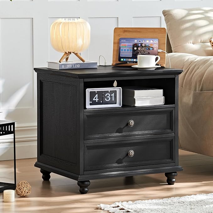 24" Wide Farmhouse Nightstand with Charging Station, End Table with 2 Drawers, Black Wood Dresser for Bedroom Cabinet, Bed Side Table Chest of Drawers, Night Stand for Living Room, Closet