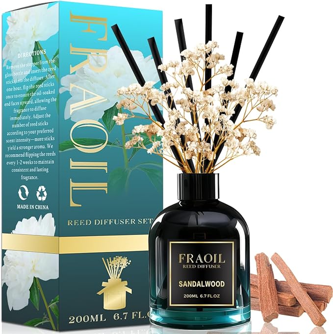Sandalwood Reed Diffuser, Reed Diffuser Set 6.7 fl oz (200 ml) with 6 Reed Sticks, Home Fragrance Reed Diffuser for Bathroom Shelf House Bedroom Office Decor