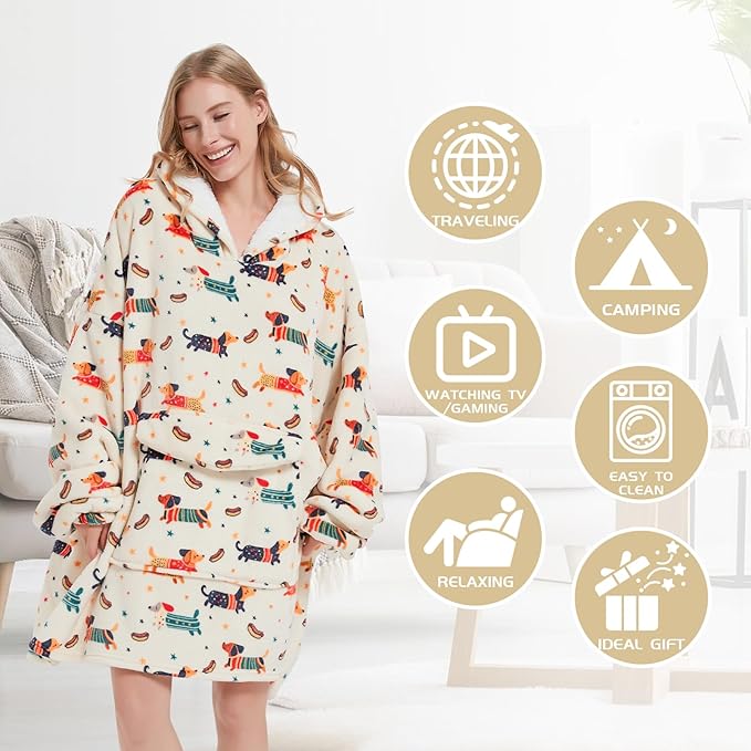 Wearable Blanket Hoodie for Adult,Oversized Sherpa Fleece Blanket Hoodie for Women Men,Dachshund