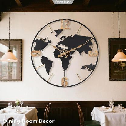 22 Inch Large Wall Clock,Modern Decorative Big World Map with Vintage Gold Arabic Numeral Extra Giant Metal Oversized Wall Clocks for Living Room,Office,Kitchen,Dining Room,Bedroom