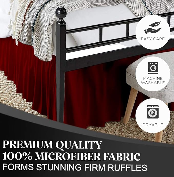 Ruffled Bed Skirt with Split Corners, Burgundy, Full 12 Inch Drop Bedskirt, Hotel Quality Brushed Microfiber Wrinkle Free Dust Ruffle Bed Skirt Full Size