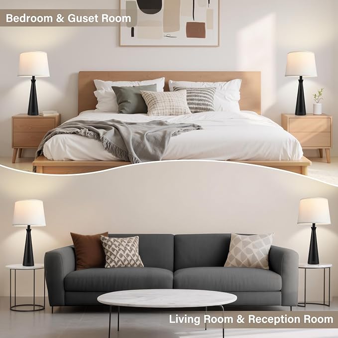 Seealle Modern Table Lamps Set of 2 - Touch Bedside Lamp for Nightstand with Dual USB C+A,3-Way Dimmable Black Nightstand Lamps for Living Room Bedroom End Table(Bulb Included)