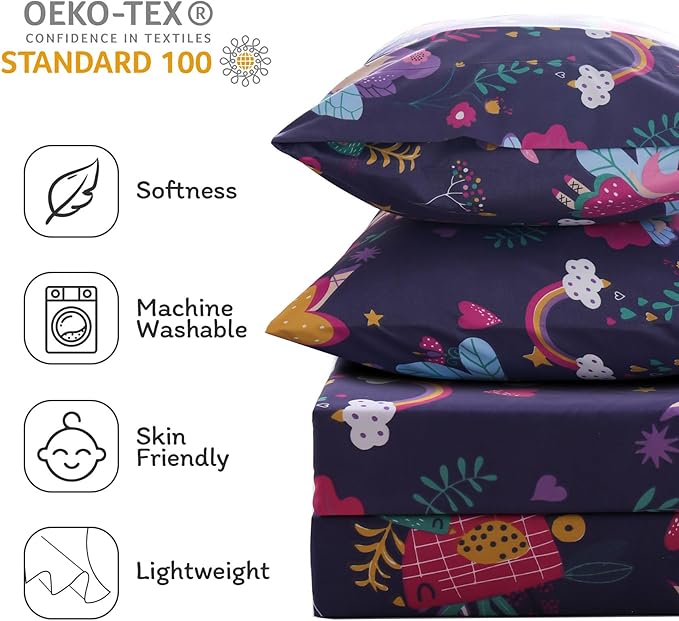 JSD Purple Fairy Kids Sheet Set Full Size, 4 Piece Girls Floral Printed Microfiber Sheets Deep Pocket