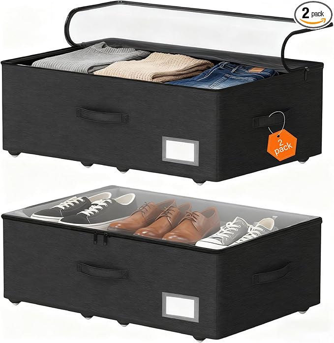 Under Bed Storage with Wheels, 2-Pack Under Bed Storage Containers, No Assemble Required 10 inches Height, Rolling underbed storage Drawers, Underbed Storage Bins for Shoes, Clothes, Blankets, Toys
