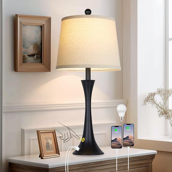 27.5" Black table Lamps for Living Room, Touch Control 3-Way Dimmable Bedside Nightstand Lamps Bedroom Lamp,Modern Black Table Lamp with USB A+C Ports,Tall Lamps for Living Room End Table（1Pack）
