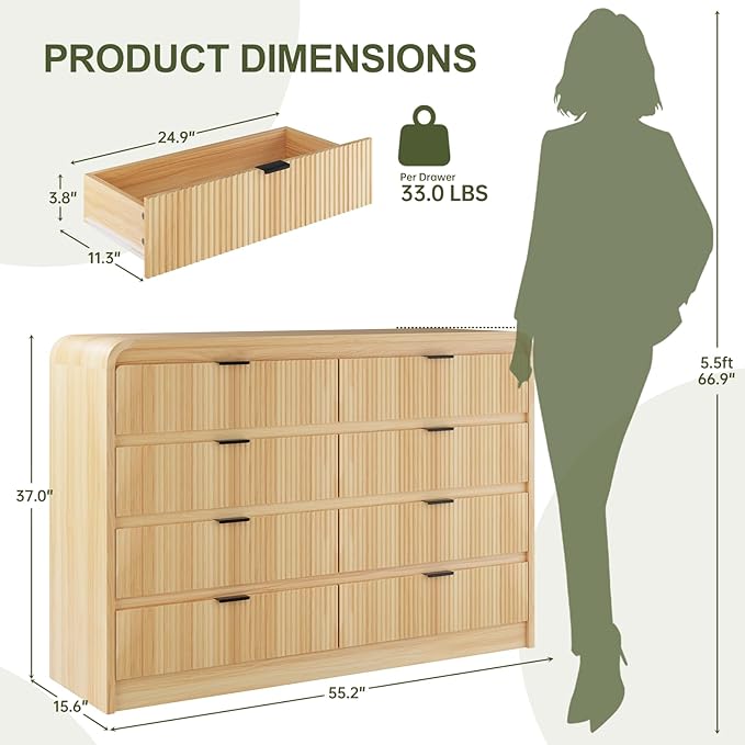 FURSUN Fluted 8 Drawers Dresser for Bedroom, 55" Wide Wooden Dresser with Metal Handle, Curved Profile Design, Modern Storage Organizer for Bedroom, Living Room, Hallway, Natural Oak