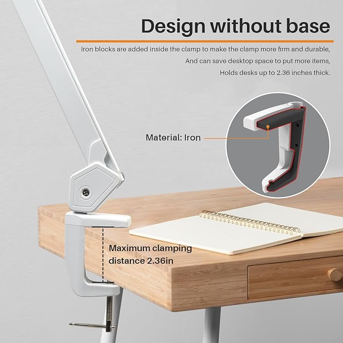 LED Architect Desk Lamp, 4500 Lumens, Dimmable, Metal Swing Arm, 5 Color Temperatures, 50W, Ideal for Task Work, Drafting, Reading, Clamp-on Office Table Lamp with 684 Bright LEDs (White, CCT)