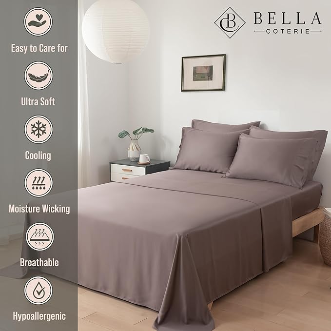 Bella Coterie 6 Piece Luxury Bamboo Viscose Queen Size Sheet Set | 100% Organically Grown | Cooling for Hot Sleepers | 18" Deep Pocket | Soft & Hypoallergenic | 4 Pillowcases [Mocha]