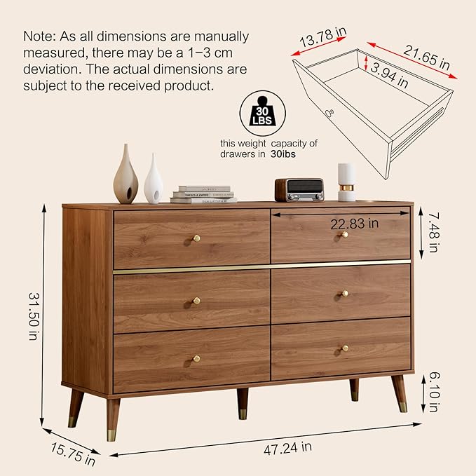 6 Drawer Dresser,47" Wide Mid Century Chest of Drawers,Wooden Bedroom Drawer Dresser with 6 Storage Drawers for Bedroom,Living Room,with Anti-Tipping Device,Walnut.HT