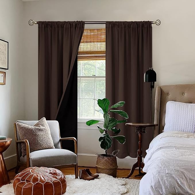 BGment 100% Blackout Curtains for Bedroom with Black Liner, Double Layer Full Room Darkening Thermal Insulated and Noise Reducing Rod Pocket Curtain (42 x 72 Inch, Brown, 2 Panels)