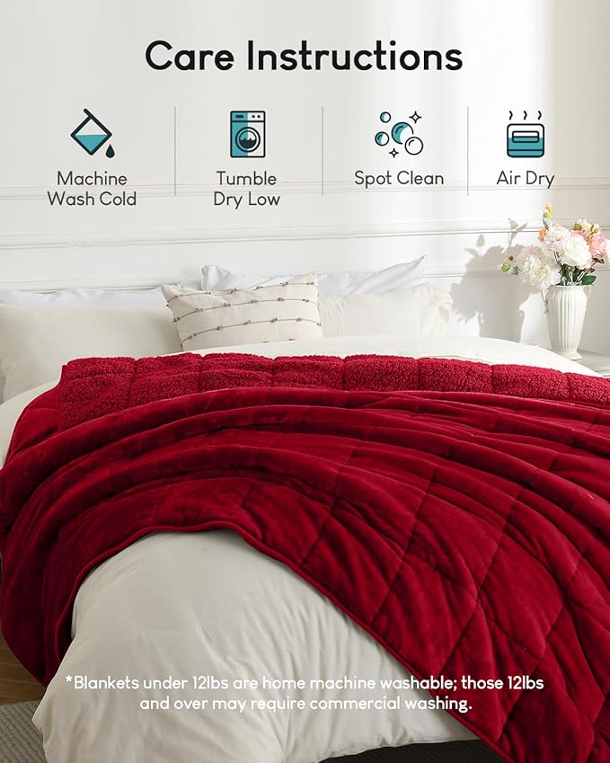 Cottonblue Sherpa Weighted Blanket for Adults 15 lbs Queen Twin Size 60x80 inches, Fuzzy Fleece Weighted Throw Blankets Cozy for Sleeping, Calming and Relax, Soft Heavy Blankets for Bed Sofa, Burgundy