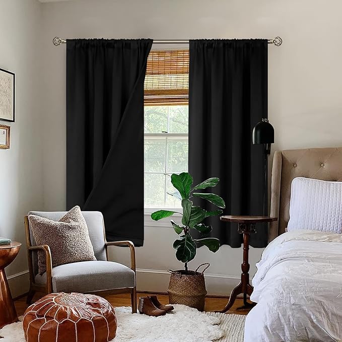 BGment Thermal Insulated 100% Blackout Curtains for Bedroom with Black Liner, Double Layer Full Room Darkening Noise Reducing Rod Pocket Curtain (42 x 63 Inch, Black, 2 Panels)