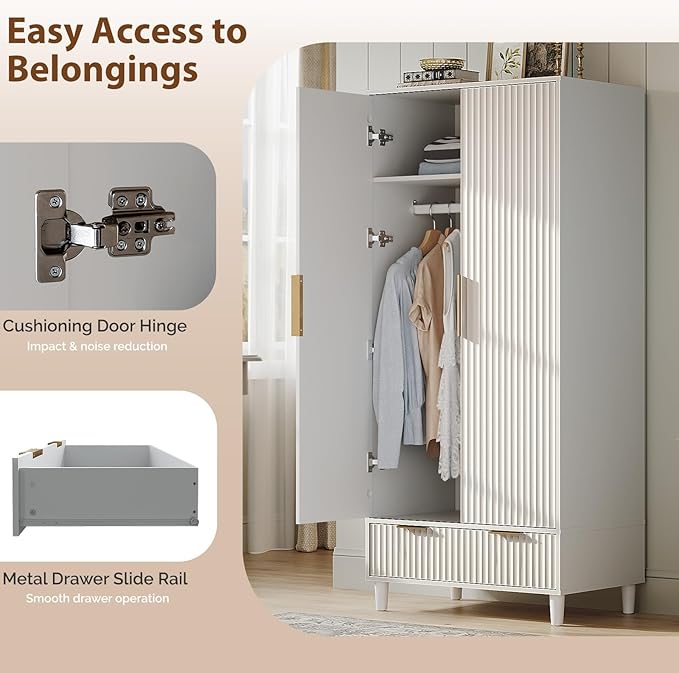 VINGLI Fluted Wardrobe Closet Armoire with Doors And Drawers, White Wardrobe Cabinet with Hanging Rack, Bedroom Closet Wood, Free Standing Armoire with Shelf and Solid Wood Legs, 31.5"W*19.7"D*69.3"H