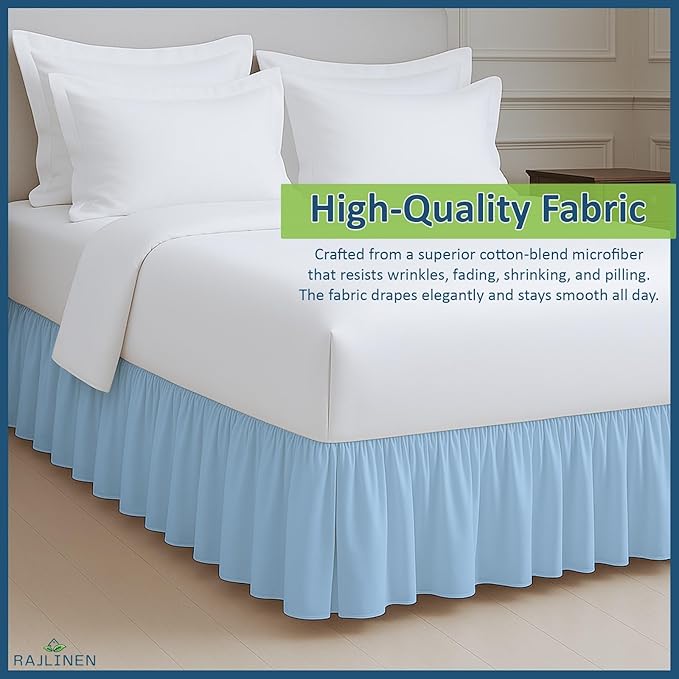 Rajlinen Ruffled Bed Skirt Full XL, 18 Inch Drop Dust Ruffle with Split Corners, 100% Microfiber Bedskirt with Platform, Three-Sided Coverage Ruffled Gathering Design, Light Blue