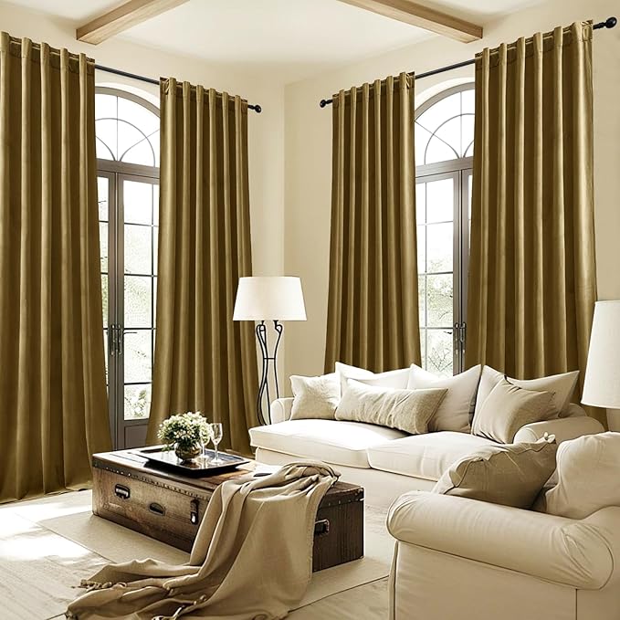 AUSSPVOCT Velvet Curtains 90 Inches Long 2 Panels for Bedroom, Thermal Insulated Room Darkening Luxury Soft Blackout Curtain Back Tab Rod Pocket Window Drapes for Living Room, W52 x L90, Goldbrown