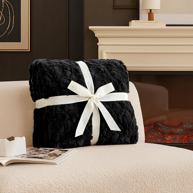 Cozy Bliss Faux Fur Throw Blanket for Couch, Fuzzy Soft Plush Thick Warm Fluffy Reversible Wave Textured Blanket for Sofa Bedroom Living Room, 55 * 70 Inches Black