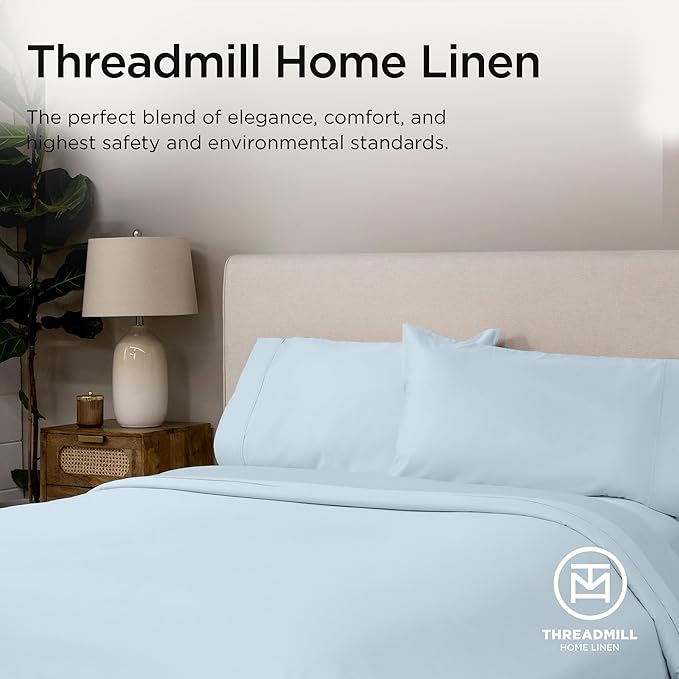 Threadmill California King Sheets, Certified American Supima Cotton Sheets, 1200 Thread Count Hotel Quality Sheet, 4 Piece Luxury Bed Sheets Set with Elasticized Extra Deep Pocket, Light Blue