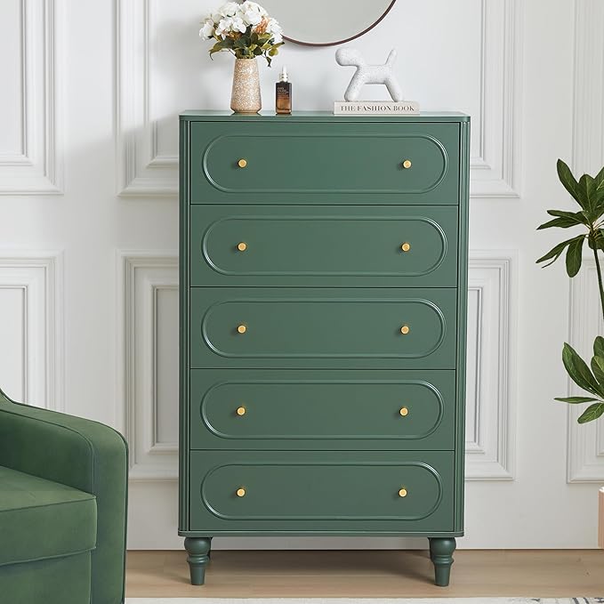 5 Drawer Fluted Dresser for Bedroom, Mid Century Modern Chest of Drawers, Wood Storage Large Dresser Organizer for Bedroom Living Room Hallway Closet, Green