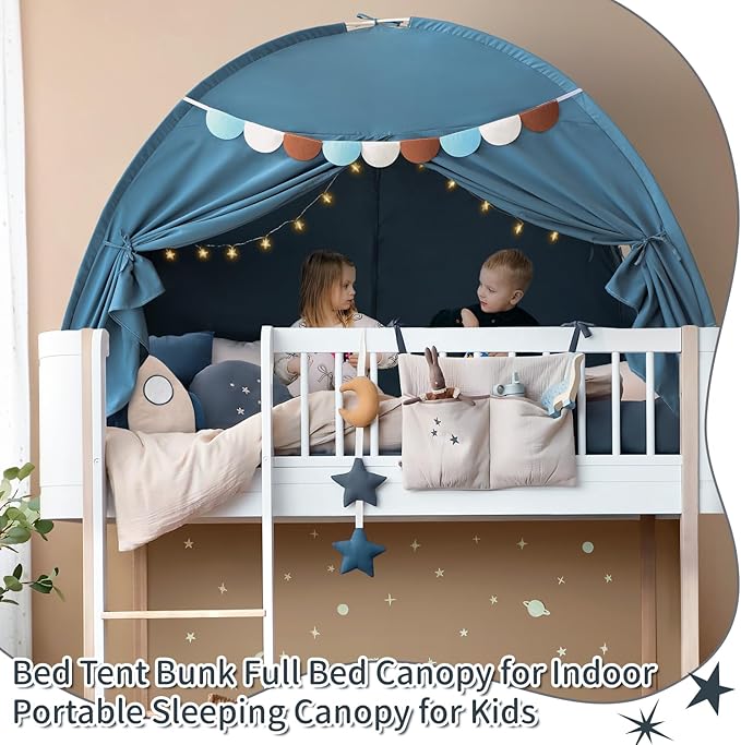 Razee Full Size Bed Canopy for Kids, Toddler Bed Tent Dream Playhouse Privacy Floor Sleeping Tents Indoor Under Bunk Bed Tent with Pennant Banners, Kid House Toys for Boys Girl Birthday Gift