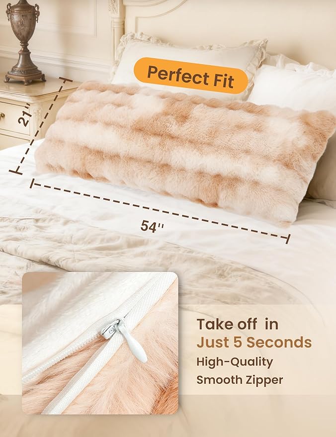 ZonLi Bubble Plush Body Pillow,Fluffy Faux Rabbit Fur Body Pillow for Adults,Long Pillow for Sleeping with Removable Pillowcase and Zipper Closure,Adjustable Filling Memory Foam（Light tan）
