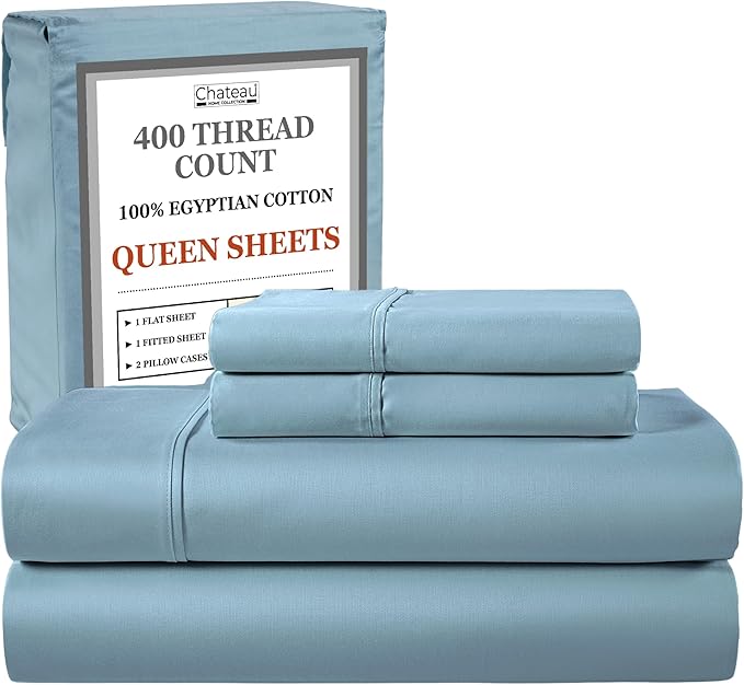 100% Egyptian Cotton Sheets For Queen Size Bed, Certified 400 Tc Deep Pocket Queen Sheet Set, 4 Piece Elasticated Sheet & Pillowcase Sets, No Pill Soft Comfy Naturally Cool & Breathable- French Blue