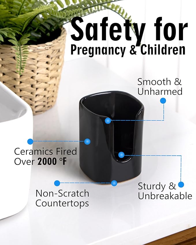5 oz Square Ceramic Bathroom Cup Dispenser for Kids and Pregnancy - Disposable Paper Cup Holder for Mouthwash Cups on Bathroom Vanity Countertop (2 Pack, Black)