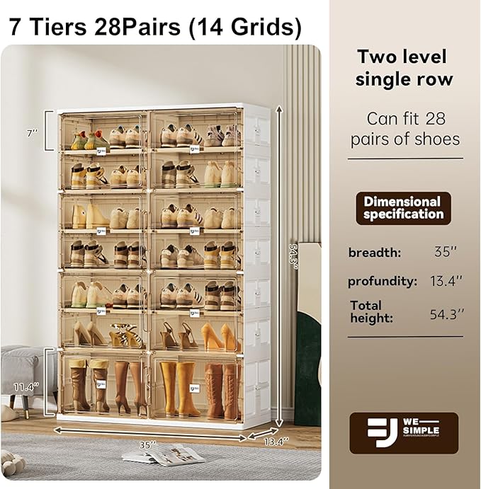 28 Pairs Shoes and Boots Storage Cabinet of 3-Step Fast Installation,Plastic Shoe Box with Clear Magnetic Door for Display, Shoe Organizer for Sneaker, Sandals, Heels (2 Row, 7 Tier)
