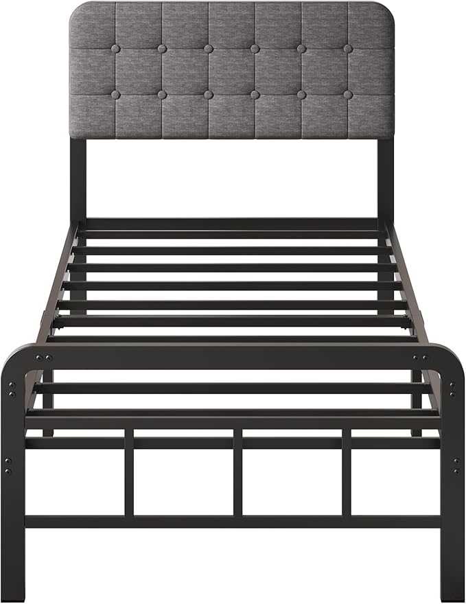 12 Inch Twin XL Bed Frames with Upholstered Headboard and Metal Footboard, No Box Spring Needed, Heavy Duty XL Twin Metal Mattress Foundation, Noise Free, Easy Assembly