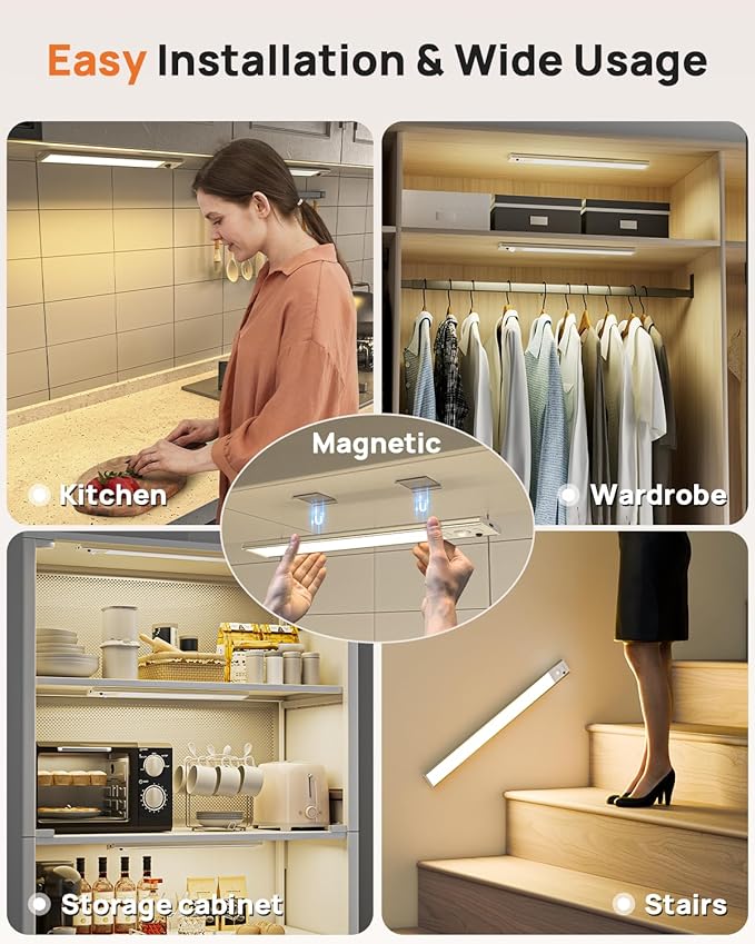 16in Under Cabinet Lighting with Remote, 160 LED Motion Sensor Light Indoor, 4000mAh USB Rechargeable Closet Lights, 3 Color Temps Wireless Under Counter Lights for Kitchen, Pantry, Stair, 2 Pack