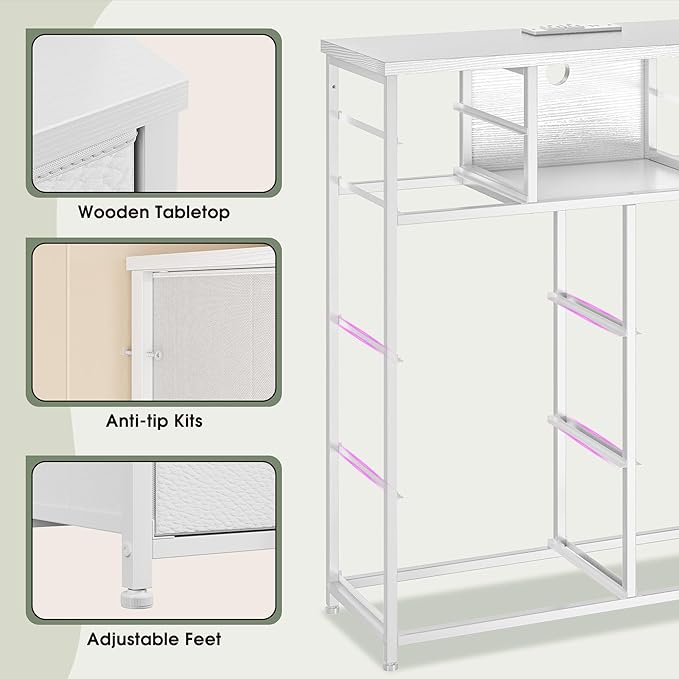 White Dresser for Bedroom with 10 Drawers Featuring LED Light and Power Outlet, Fabric Dressers & Chest of Drawers with Open Shelves for Hallway, Living Room, Steel Frame,Wood Top