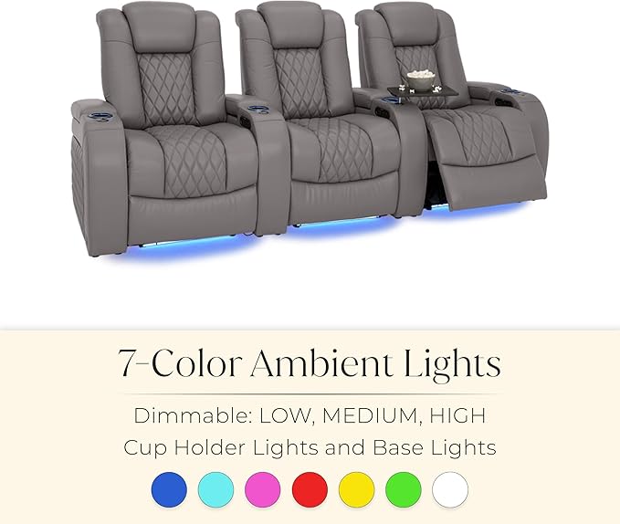 Seatcraft Diamante Zero-Gravity CoolZero Italian Leather Home Theater Seating, Power Headrest, Power Recline, Row of 2 Loveseat, Gray