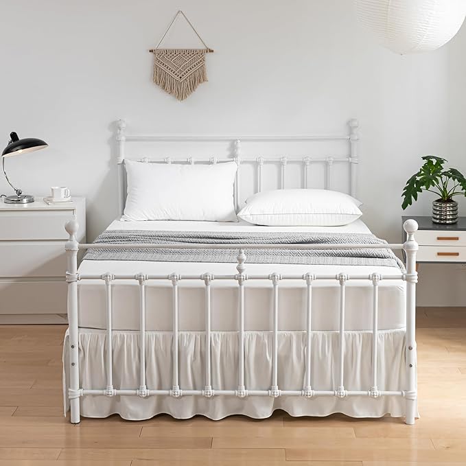 Bed Skirt Ruffled Bed Skirt with Split Corners, 18 Inch Drop Dust Ruffle Bed Skirts with Platform, Ivory, King Size