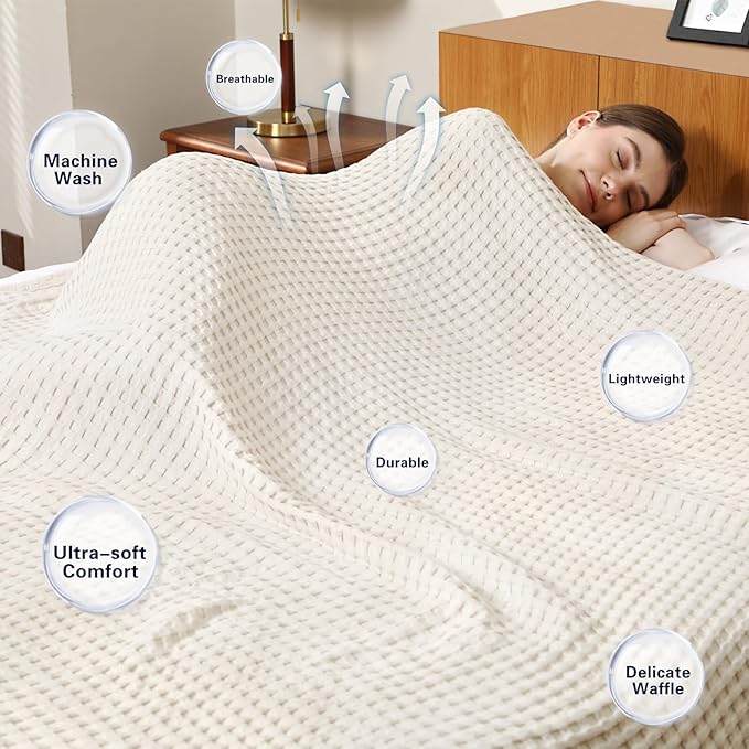 Aganear Waffle Blanket - Lightweight Breathable Summer Blanket of 50% Cotton and 50% Rayon Derived from Bamboo for Hot Sleepers Luxury Throws for Bed, Couch and Sofa,Beige,104x90 Inches