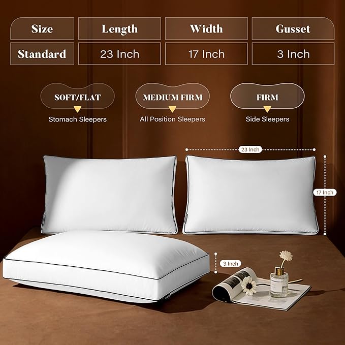 Goose Feather Down Pillows Standard Size Set of 2, Down Surrounded Hotel Collection Bed Pillow for Sleeping with 3 Inch Gusset, 2 Pack, Fluffy Plush for Side, Back Sleepers 20x26 in.