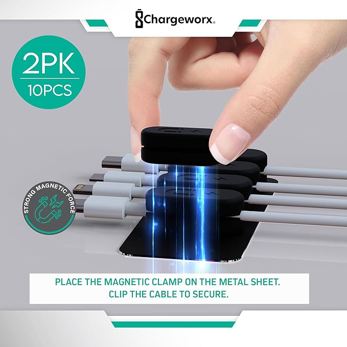 Magnetic Cable Clips [10-Pack] – Chargeworx Cord Organizer for Desk, Nightstand, Car, Wall – Strong Adhesive Wire Holder for USB-C, Lightning, Micro-USB – Tangle-Free, Snap-On, Easy Cable Management