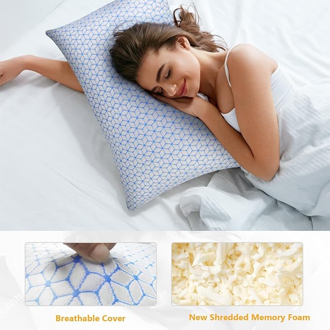 Bed Pillow King Size 1 Pack, Shredded Memory Foam Pillow Adjustable, Cooling Pillow Soft and Supportive for Side Back Stomach Sleepers