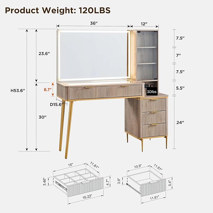 T4TREAM Fluted Makeup Vanity Desk with 36" HD Lighted Mirror, 48" Big Modern Vanity Desk with Mirror and Lights, Dressing Table with 5 Drawers & Shelves, Glass Top for Bedroom (Alder Grey)