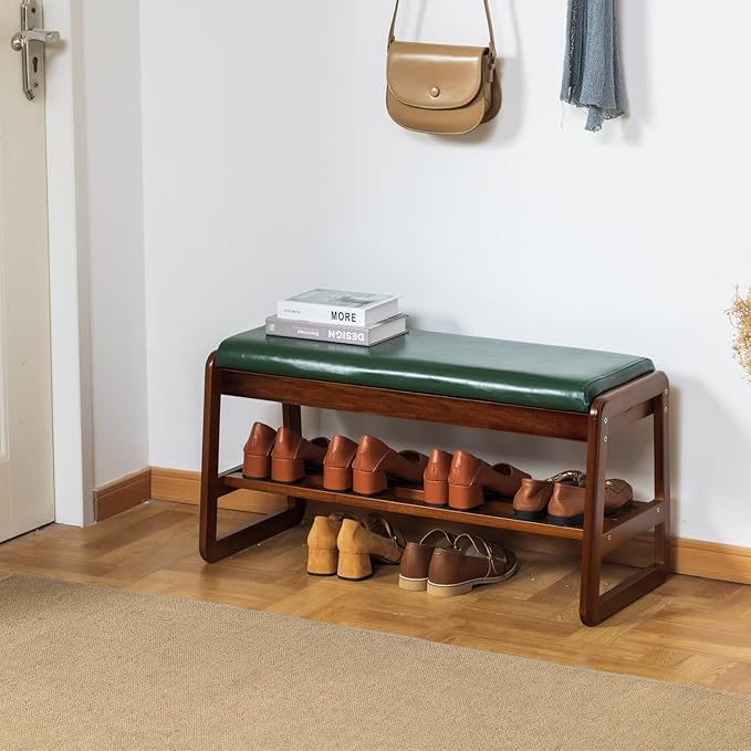 Solid Wood Shoe Bench, 2-Tier Entryway Bench with Cushion and Flip-Open Storage Box, Mid-Century Modern Shoe Bench Rack for Hallway, Mudroom(Green, 31.5'')