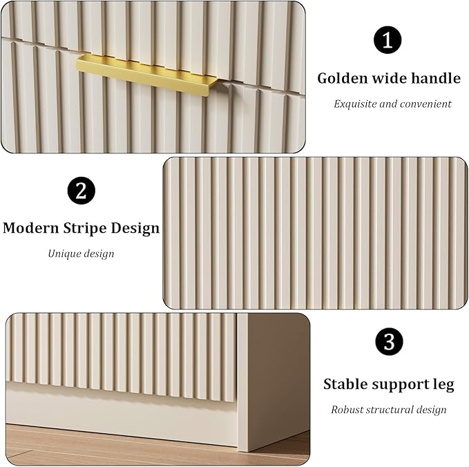 Set of 2 Fluted Nightstand with 2 Drawers, Modern Storage Bedside Table with Golden Metal Handles, Wooden End Table for Bedroom, Beige