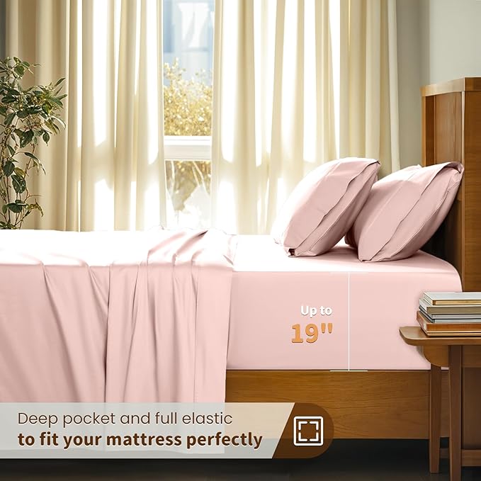LBRO2M 100% Cotton Sheets Set Deep Pocket 19", 1000 Thread Count Full Size 4 Piece Bed Sheet Sets Soft Comfortable Bedding All Season (Full, Pink)
