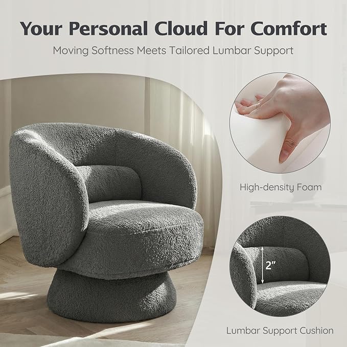 Swivel Accent Chair, Modern 360 Degree Swivel Barrel Chair with Arms & Curved Back and Lumbar Support Cushion, Comfy Round Single Boucle Sofa for Small Space, Living Room, Bedroom, Gray