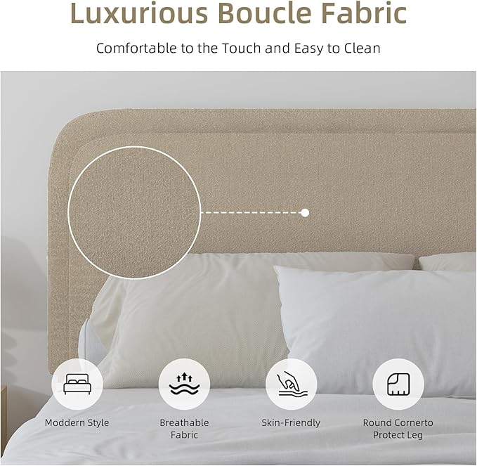 BarnFurin Boucle Upholstered Bed Frame King Size/Cloud Bed Frame/Soft Rounded Corners Headboard/Low Profile/No Box Spring Needed/Beige