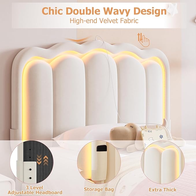 Velvet Upholstered Twin LED Bed Frame with Storage Drawer and Adjustable Chic Double Wavy Headboard, Princess Platform Bed for Kids/Girls, Solid Wood Slats Support, No Box Spring Needed, Beige