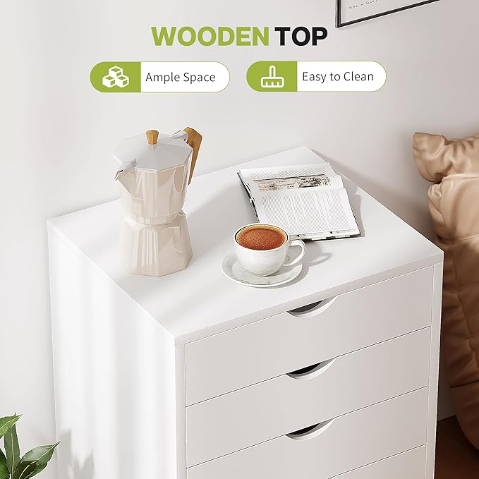 7 Drawer Chest, Dressers Storage Cabinets, Dresser Mobile Cabinet with Wheels, Drawers Organization Furniture for Office, Home, White