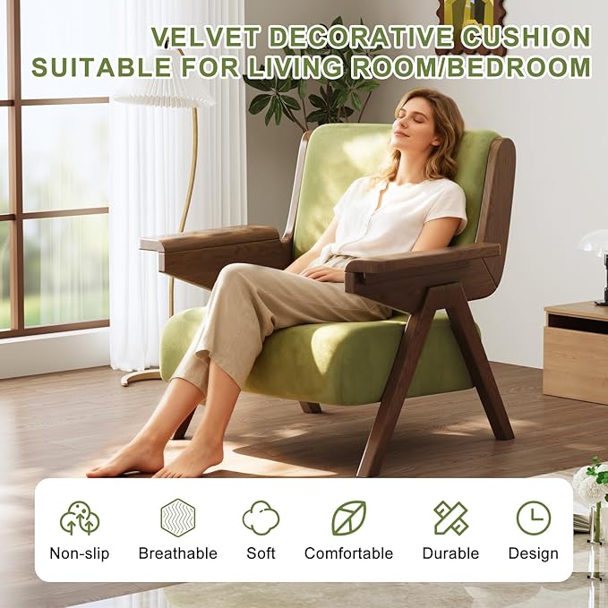 Accent Chair Set of 2, Mid Century Modern Chair, Velvet Upholstered Lounge Arm Chair with Solid Wood, Cozy Seating for Living Room, Bedroom, Balcony (Green)