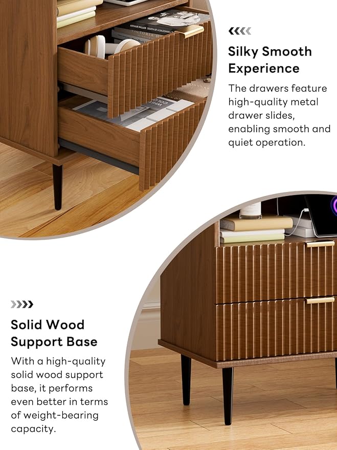 Nightstand with Charging Station, Wide Fluted Nightstand, Wood for Bedroom, Black Dresser with Storage Drawers, Bedside Table with Metal Handle & Leg (Walnut Set of 2, 23.3)